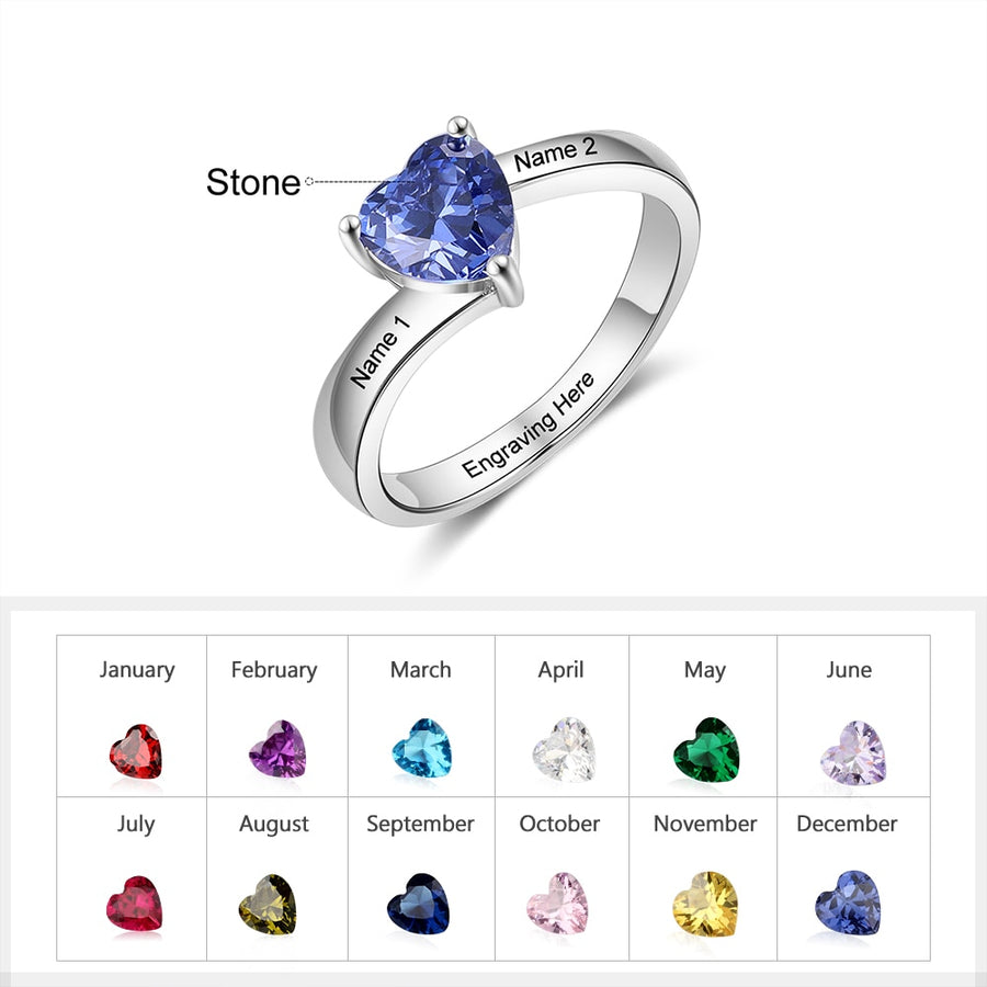 JewelOra Personalized Name Engraved Silver Color Copper Ring Customized Heart Birthstone Rings