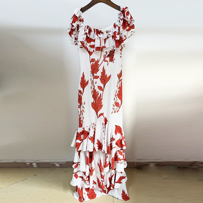 Designer Women's Shoulder Floral Print With Cascading Ruffle Long Dress