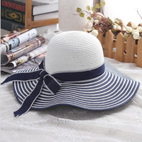 Beautiful Hepburn Fashion Black White Striped Bowknot Large Summer Sun Straw Hat
