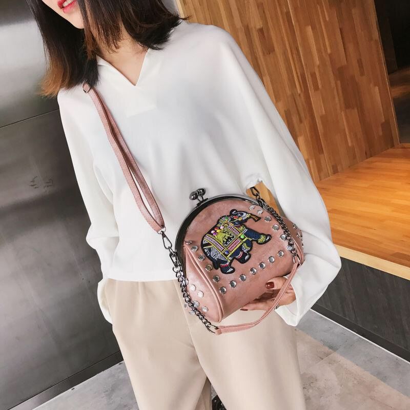 Embroidery Elephant Bag Lock Shell Leather Chain Women Shoulder Crossbody Bag