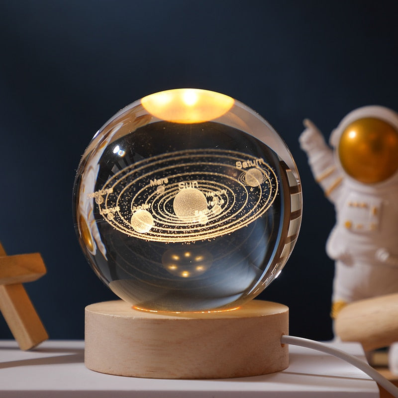 3D Planet Solar System Crystal Ball With Laser Engraved Galaxy or Astronomical Elements