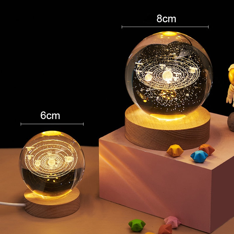 3D Planet Solar System Crystal Ball With Laser Engraved Galaxy or Astronomical Elements