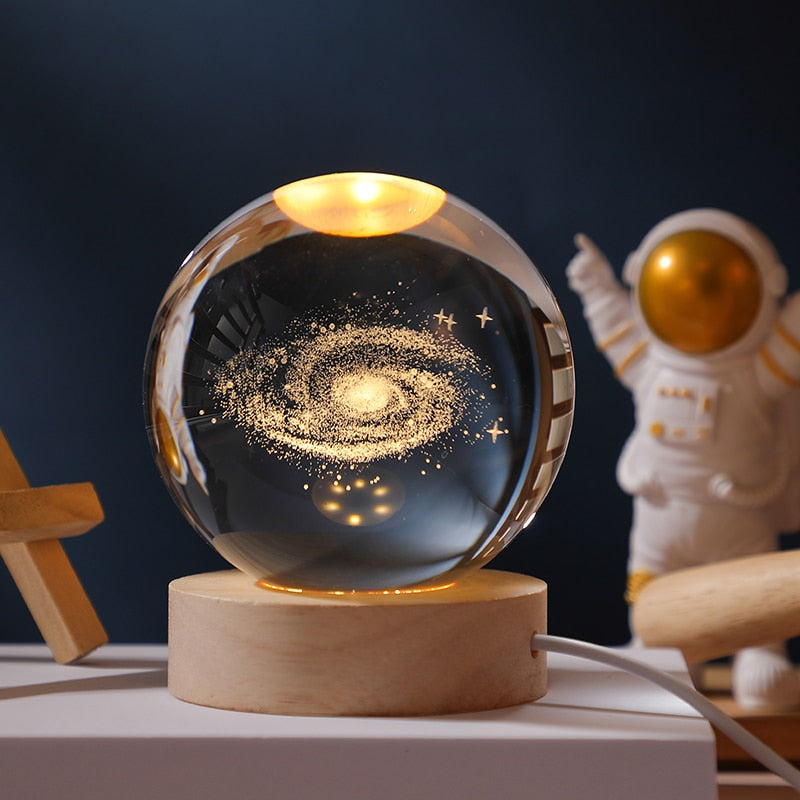 3D Planet Solar System Crystal Ball With Laser Engraved Galaxy or Astronomical Elements