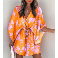 Summer Boho Women Flora Print V Neck Loose Button Mini Dresses