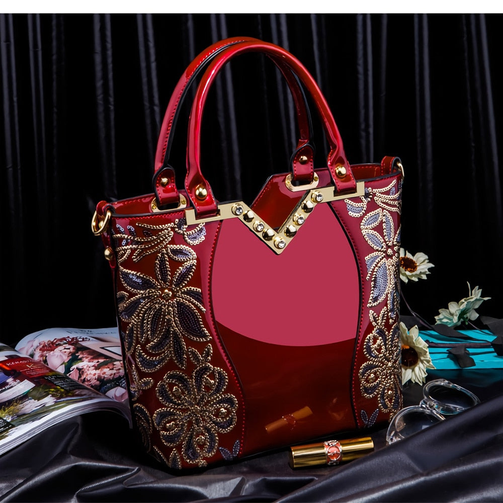 Women Luxury High Quality Patent Leather Flower Embroidery Diamond Tote Shoulder Handbag