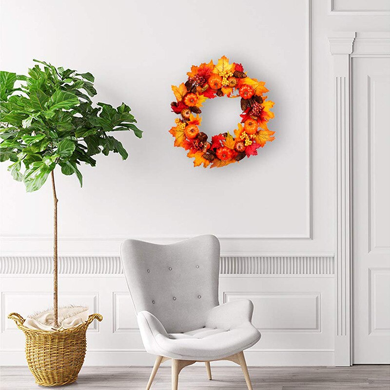 Halloween Artificial Wreath Garland Rattan Frame With Pumpkin Pine Cone Maple Leaves Thanksgiving Autumn Holiday Decorations