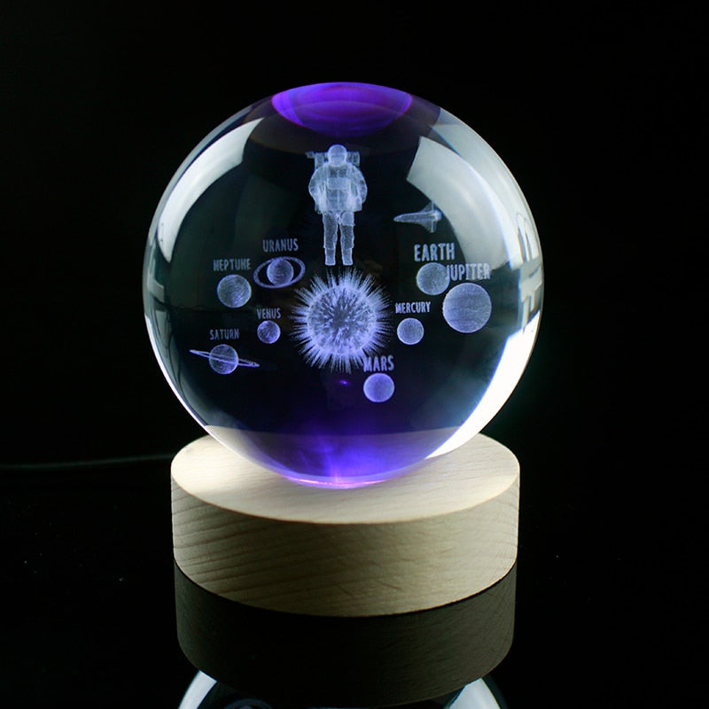 3D Planet Solar System Crystal Ball With Laser Engraved Galaxy or Astronomical Elements