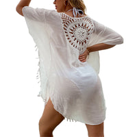Women's Short Sleeve Tassel Bikini Cover-ups Solid Crochet Pattern Beachwear