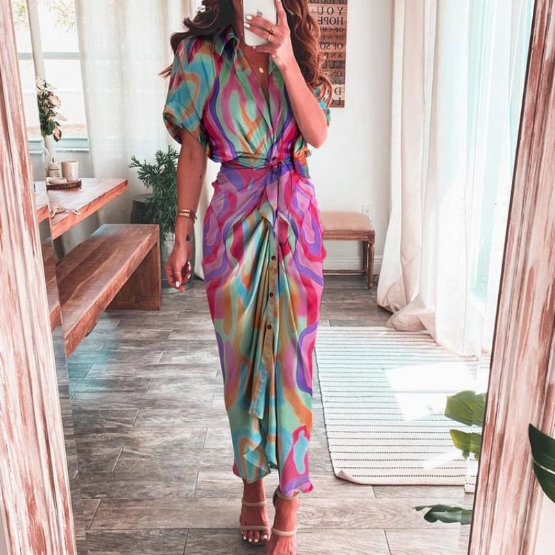 Elegant Women Summer Fashion Printed Short Sleeve Vintage Dress