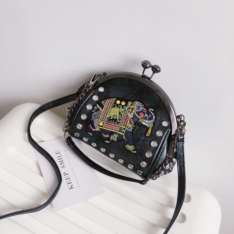 Embroidery Elephant Bag Lock Shell Leather Chain Women Shoulder Crossbody Bag