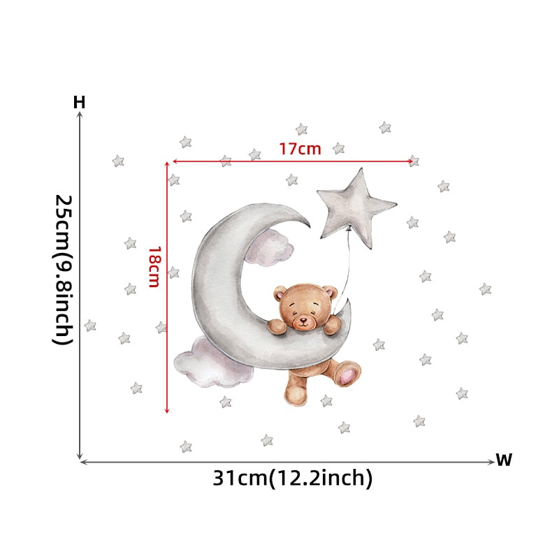 Tiny Cute Luminous Wall Stickers: Teddy Bear on the Moon Stars Glow in the Dark Wall Decals