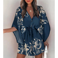 Summer Boho Women Flora Print V Neck Loose Button Mini Dresses