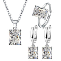 925 Sterling Silver Ring, Earrings, Necklace For Women Rectangle Zircon Jewelry Sets