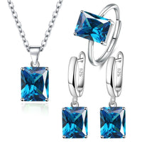 925 Sterling Silver Ring, Earrings, Necklace For Women Rectangle Zircon Jewelry Sets