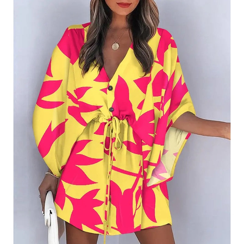 Summer Boho Women Flora Print V Neck Loose Button Mini Dresses