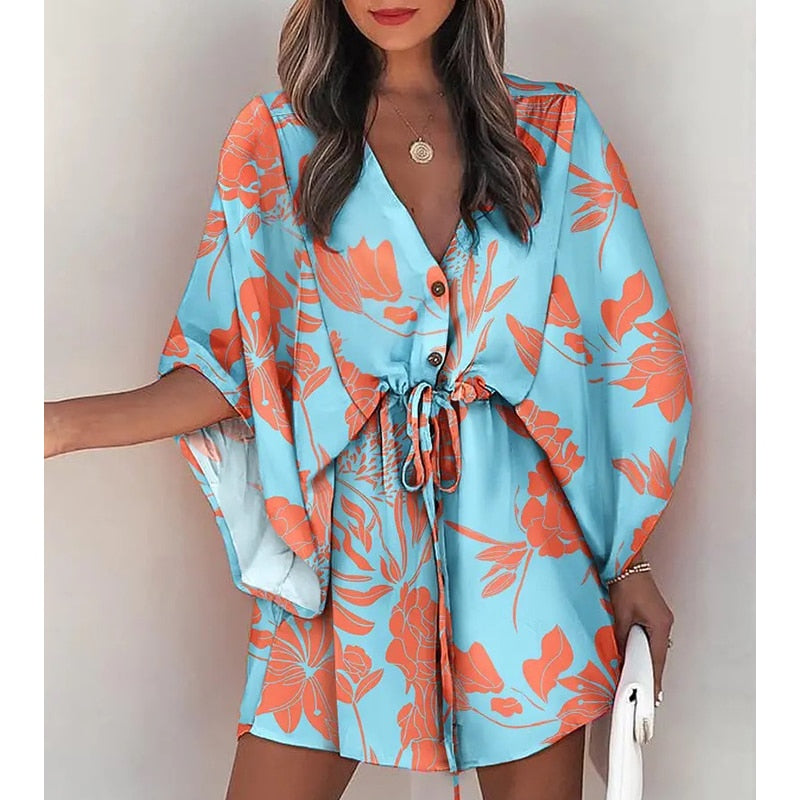 Summer Boho Women Flora Print V Neck Loose Button Mini Dresses