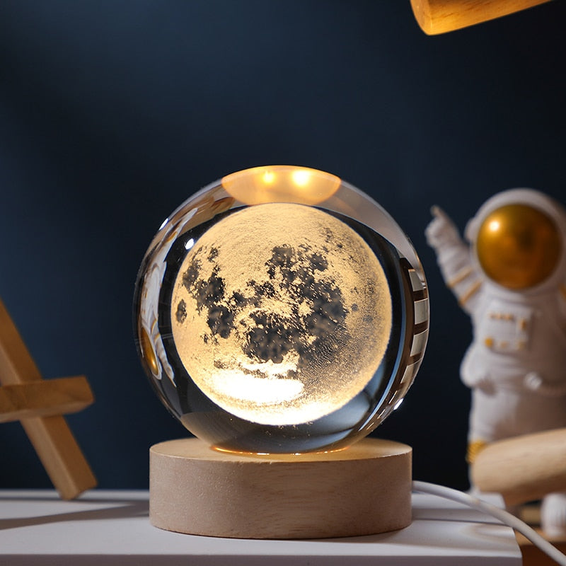 3D Planet Solar System Crystal Ball With Laser Engraved Galaxy or Astronomical Elements