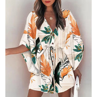 Summer Boho Women Flora Print V Neck Loose Button Mini Dresses