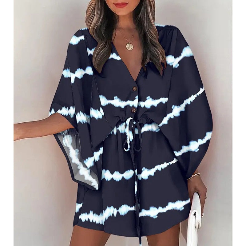 Summer Boho Women Flora Print V Neck Loose Button Mini Dresses