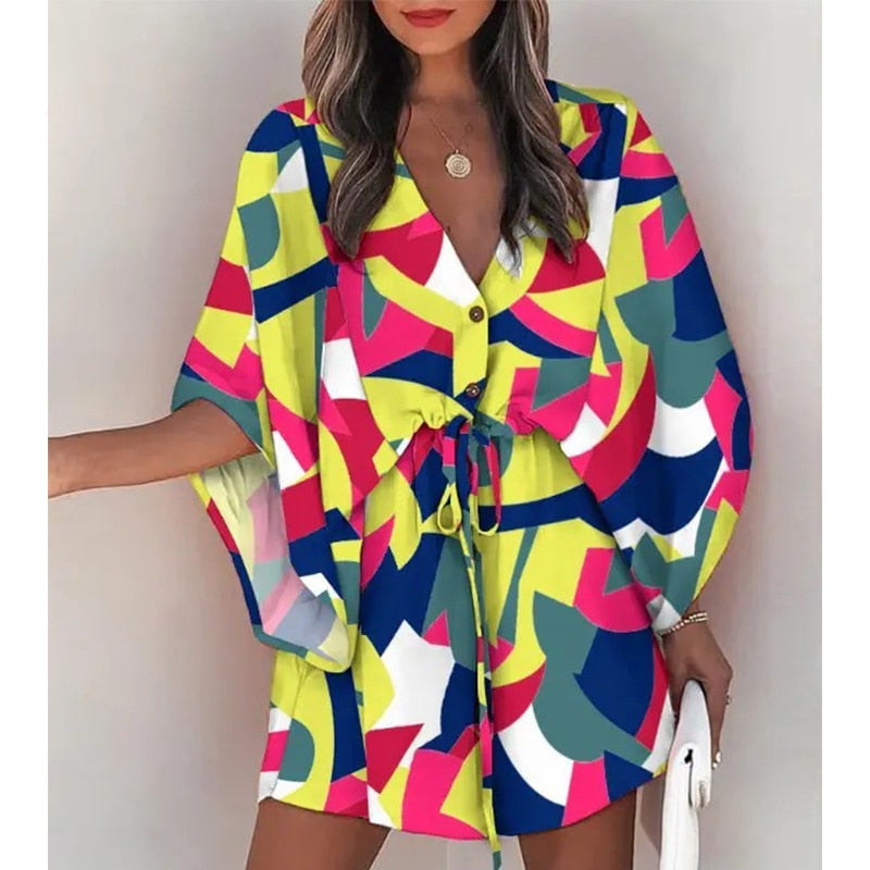 Summer Boho Women Flora Print V Neck Loose Button Mini Dresses