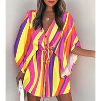 Summer Boho Women Flora Print V Neck Loose Button Mini Dresses