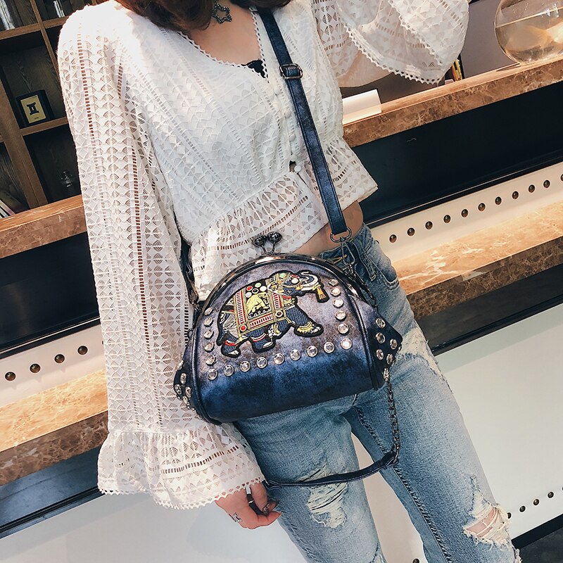 Embroidery Elephant Bag Lock Shell Leather Chain Women Shoulder Crossbody Bag