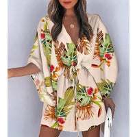 Summer Boho Women Flora Print V Neck Loose Button Mini Dresses