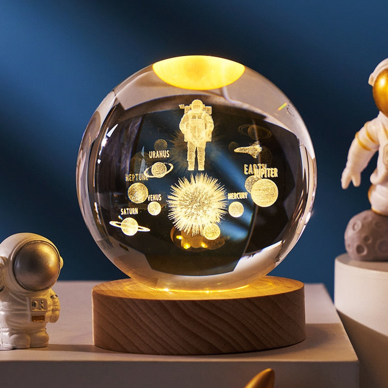 3D Planet Solar System Crystal Ball With Laser Engraved Galaxy or Astronomical Elements