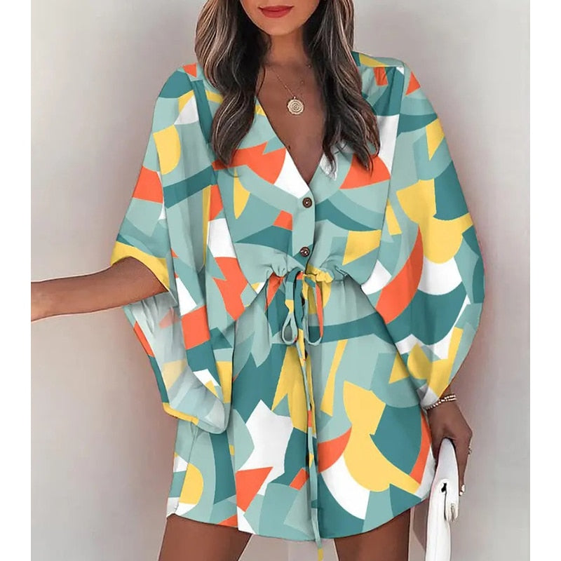 Summer Boho Women Flora Print V Neck Loose Button Mini Dresses