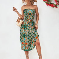 Printed Strapless Tie Belt Dress