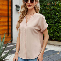 Notched Neck Cuffed Sleeve Shirt