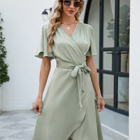 Tie Waist Flutter Sleeve Surplice Dress