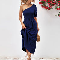 Smocked One-Shoulder Midi Dress