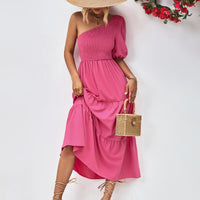 Smocked One-Shoulder Midi Dress