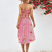 Printed Strapless Tie Belt Dress