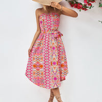 Printed Strapless Tie Belt Dress