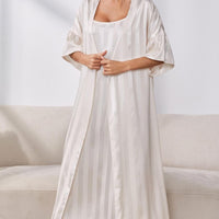 Striped Flounce Sleeve Open Front Robe and Cami Dress Set