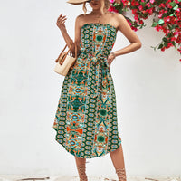 Printed Strapless Tie Belt Dress