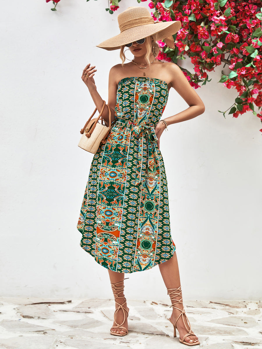 Printed Strapless Tie Belt Dress