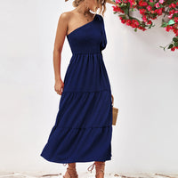 Smocked One-Shoulder Midi Dress