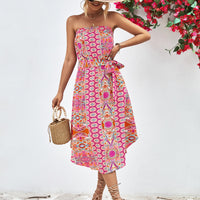 Printed Strapless Tie Belt Dress