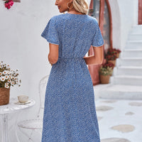 Printed Decorative Button Flutter Sleeve Dress