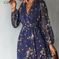 Women Chiffon V-neck Long Sleeve Mini Dress and Floral Designed Summer Beachwear