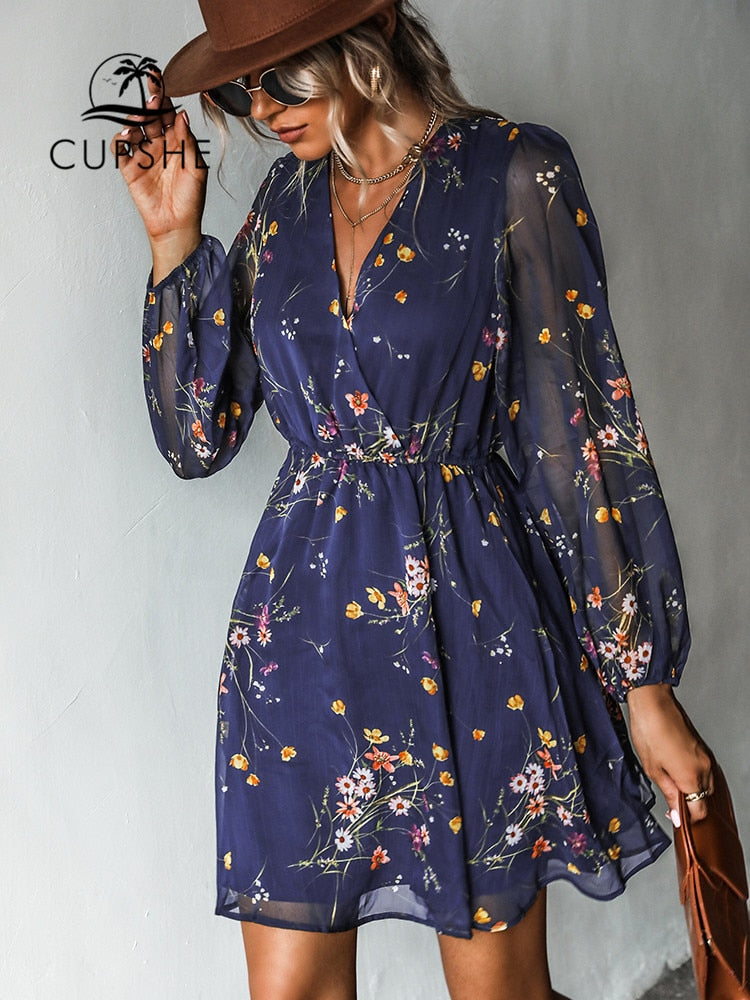 Women Chiffon V-neck Long Sleeve Mini Dress and Floral Designed Summer Beachwear