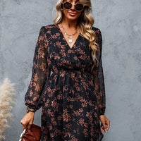 Women Chiffon V-neck Long Sleeve Mini Dress and Floral Designed Summer Beachwear