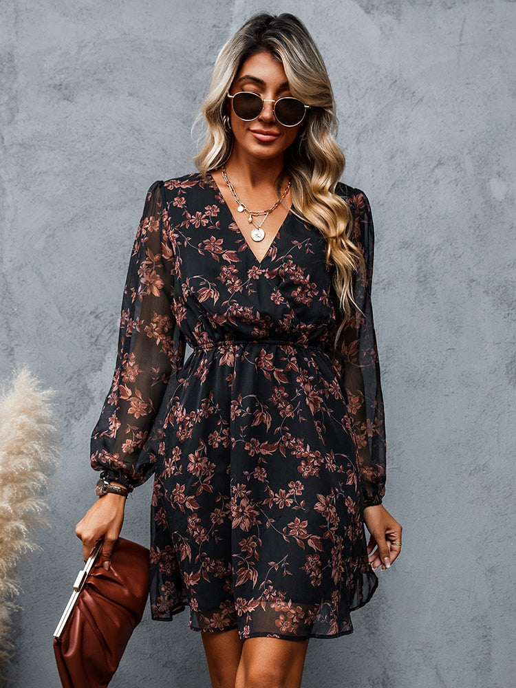 Women Chiffon V-neck Long Sleeve Mini Dress and Floral Designed Summer Beachwear