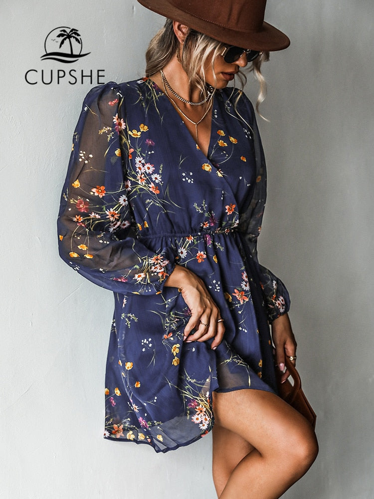 Women Chiffon V-neck Long Sleeve Mini Dress and Floral Designed Summer Beachwear