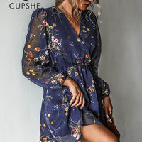 Women Chiffon V-neck Long Sleeve Mini Dress and Floral Designed Summer Beachwear