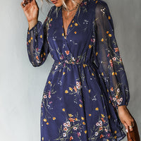 Women Chiffon V-neck Long Sleeve Mini Dress and Floral Designed Summer Beachwear