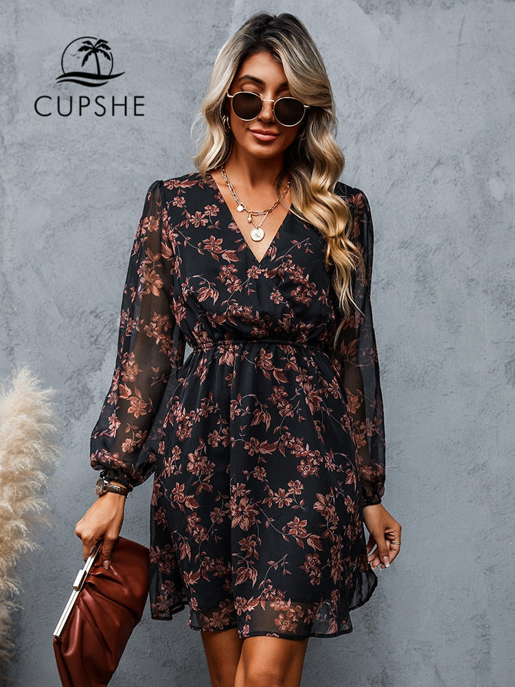 Women Chiffon V-neck Long Sleeve Mini Dress and Floral Designed Summer Beachwear